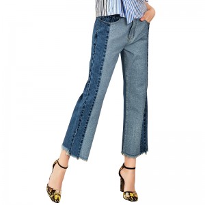 2019 New Arrival Fashion Rough Selvedge Hem Splicing Blue Denim Pantaloni Jeans Femei